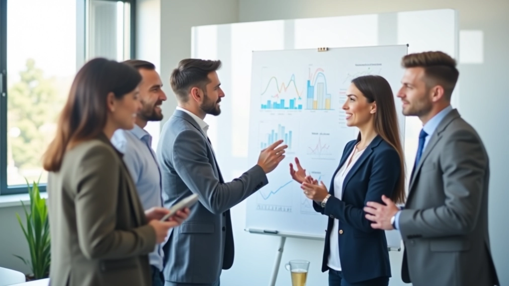 Komanda prie balto lentos su strateginiais planu ir diagramomis, diskutuojanti diegimą