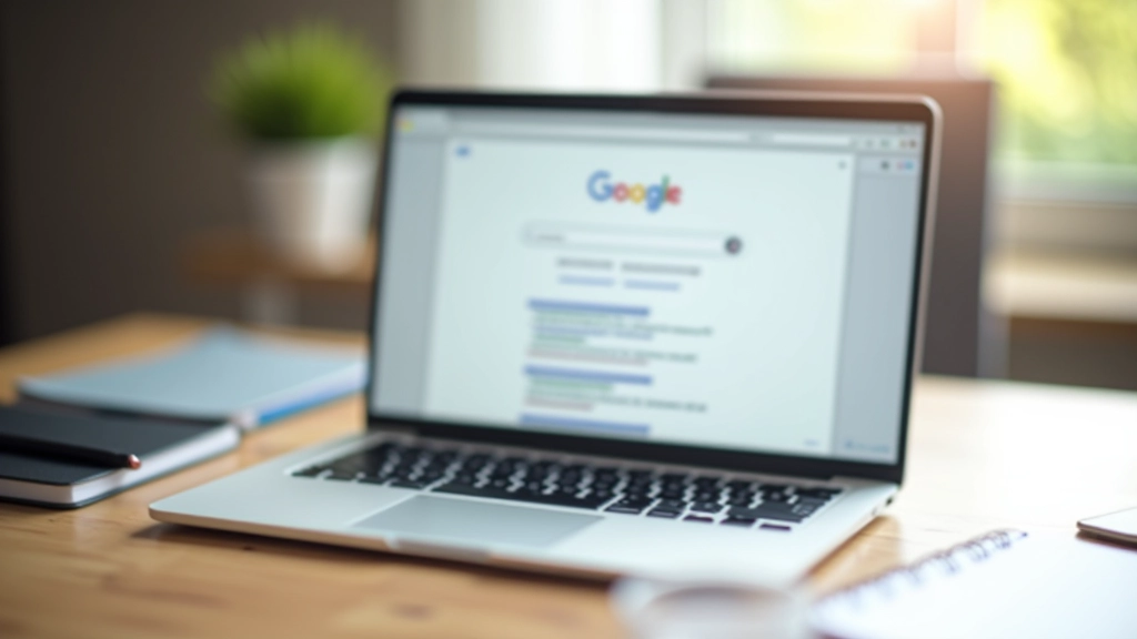 Nešiojamasis kompiuteris su Google paieškos rezultatais ekrane, biuro stalas su sąsiuviniais