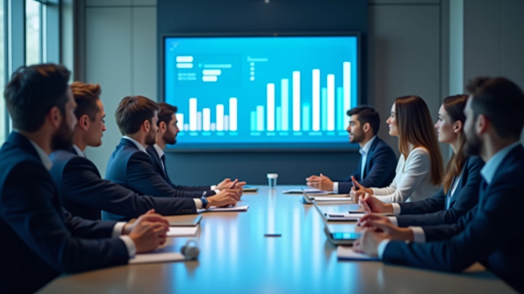 Verslo vadybininkai apskritoje konferencijoje žiūri į didelę analitinę skydą su spalvingomis diagramomis