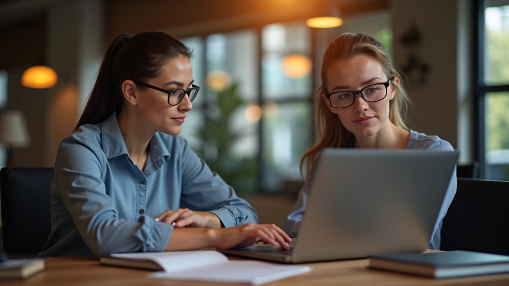 Dvi moterys aptaria verslo duomenis prie kompiuterio, šiltas biuro apšvietimas