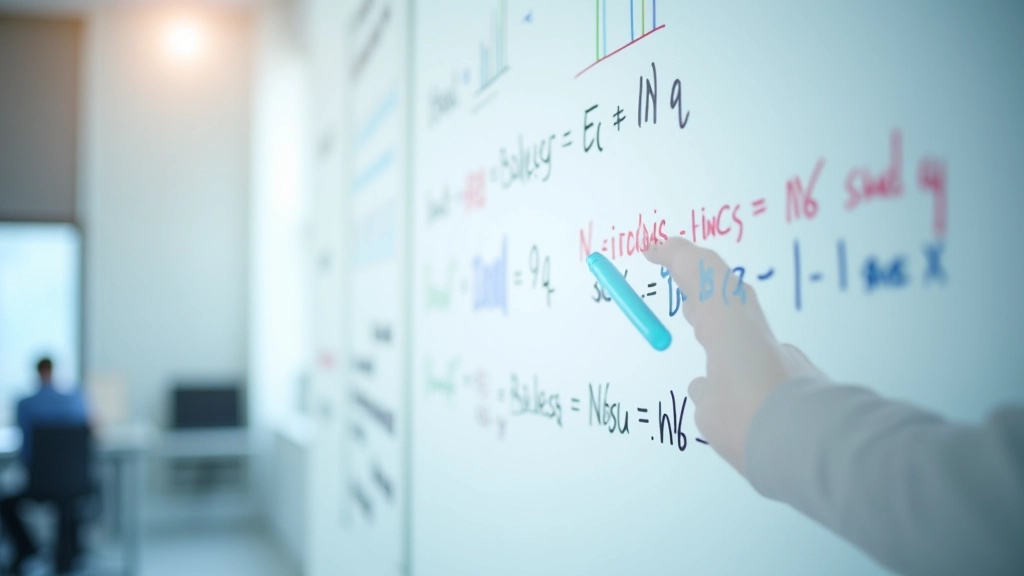 Matematinės formulės ant lentos, rodiklių skaičiavimo procesai ir analitinės diagramos